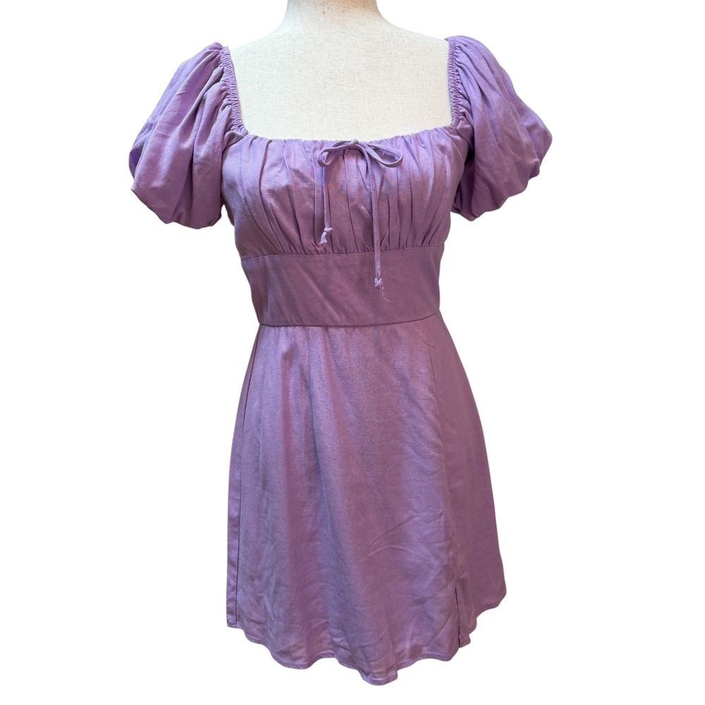 Trixxi Lavender Linen Blend Puff Sleeve Milkmaid‎  Cottagecore Mini Dress  Small
